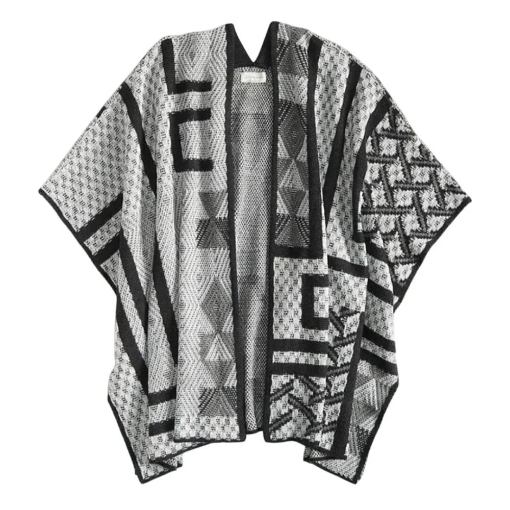 Lucky Brand Intarsia Poncho Neutral Black Gray Cotton Blend One Size